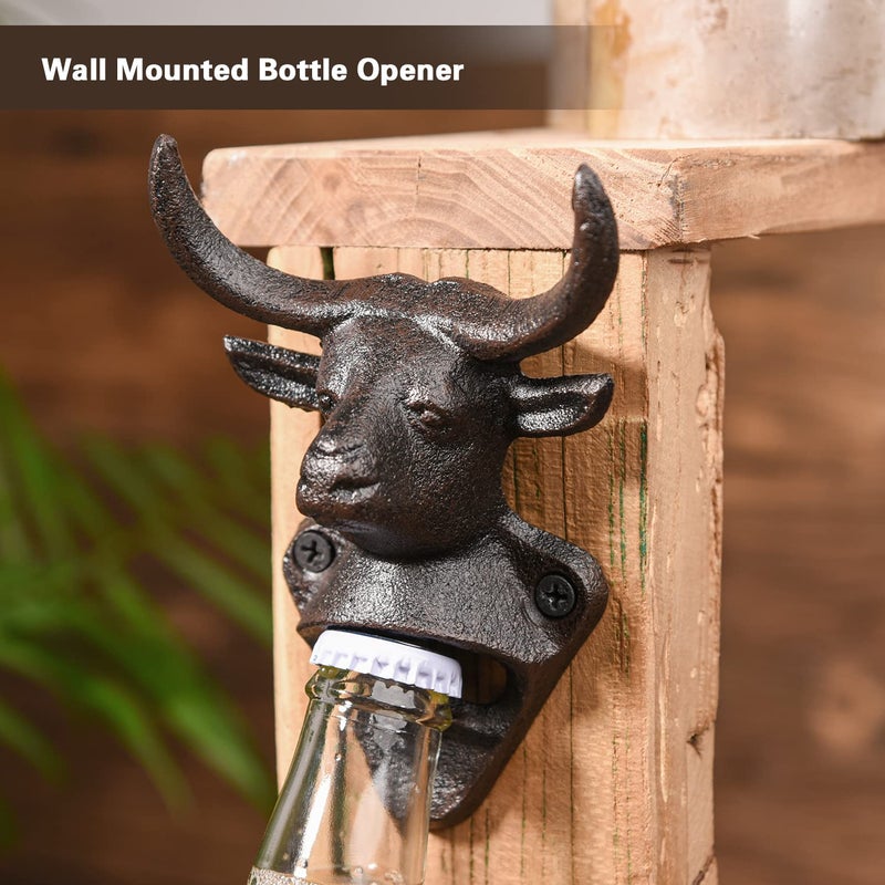 Sungmor Wall Mounted Bottle Opener, Cast Iron Cool Bull Head Bottle Opener, Beer Coke Beverage Bottle Cap Opener, Vintage Rustic Style Wall Hanging Opener, Bar Farmhouse Wall Ornament, Practical Gift - Image 2